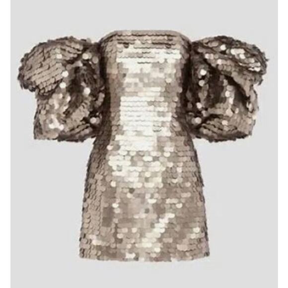 LEO LIN Brenda Gold Brown Sequin Puff Sleeve Statement Piece Mini Dress US 2 NWT - Picture 11 of 11